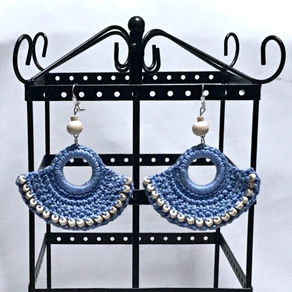 Hand-Crocheted Medium Blue Fan Earrings with Natural Wooden Beads - Picture 1 of 3